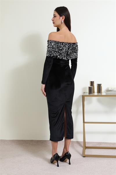 Madonna Yaka Kadife Elbise - SİYAH