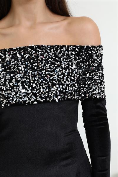 Madonna Yaka Kadife Elbise - SİYAH