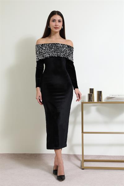 Madonna Yaka Kadife Elbise - SİYAH