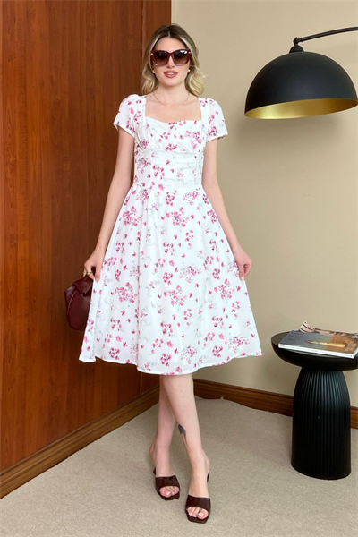 Midi Çiçekli Elbise - PEMBE