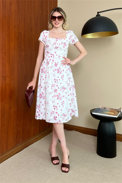 Midi Çiçekli Elbise - PEMBE