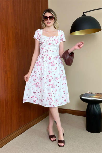 Midi Çiçekli Elbise - PEMBE