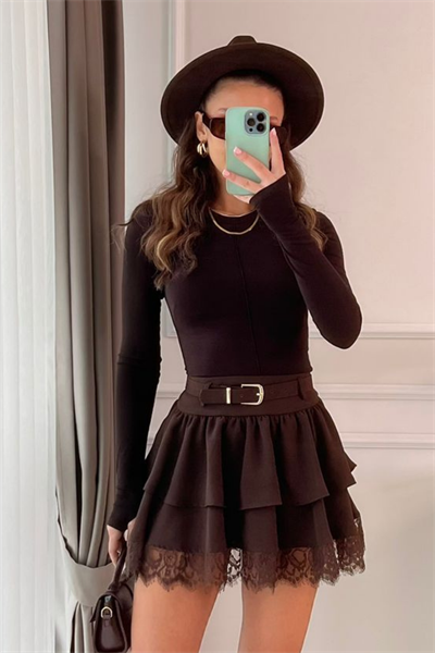 Mini Katlı Etek - KAHVERENGİ