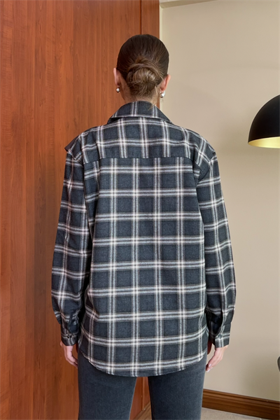 Modal Kumaş Detay Ekose Gömlek - SİYAH