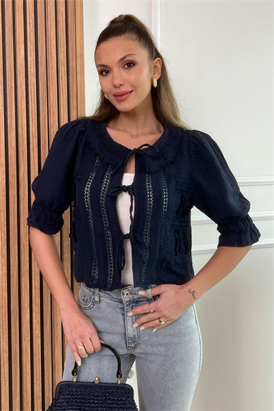 Müslin Crop Bluz - LACİVERT