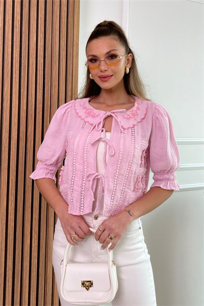 Müslin Crop Bluz - PEMBE