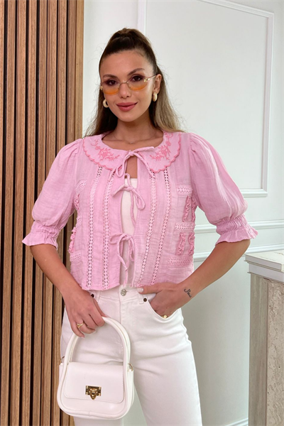 Müslin Crop Bluz - PEMBE