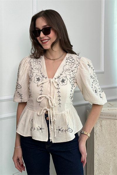 Nakışlı Müslin Bluz - KREM