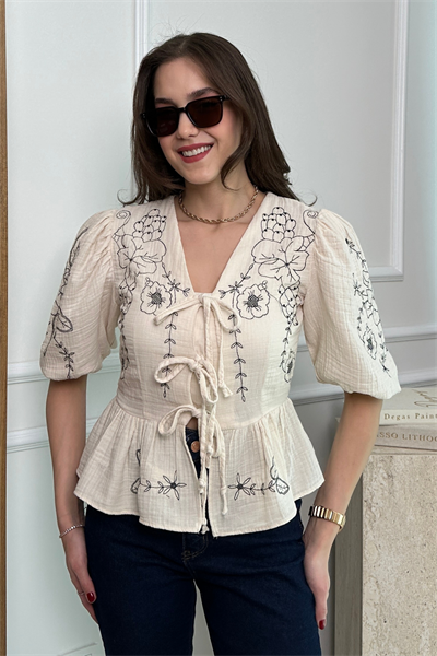 Nakışlı Müslin Bluz - KREM