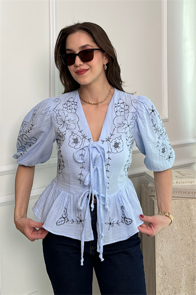 Nakışlı Müslin Bluz - MAVİ