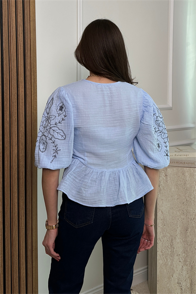 Nakışlı Müslin Bluz - MAVİ