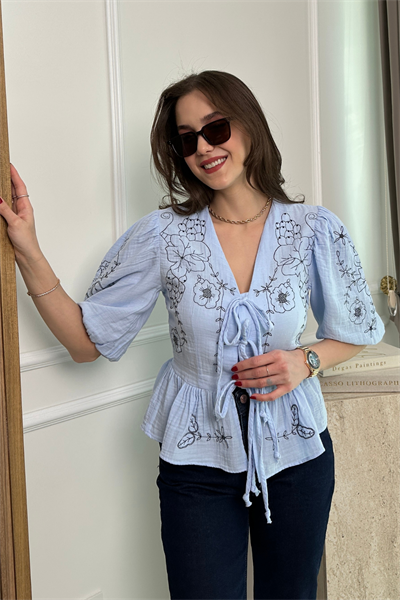 Nakışlı Müslin Bluz - MAVİ