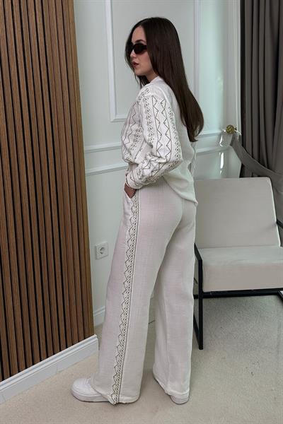 Nakışlı Müslin Pantolon - BEYAZ