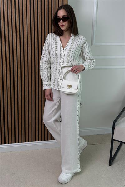 Nakışlı Müslin Pantolon - BEYAZ