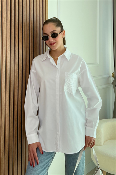 Nakışlı Oversize Gömlek - BEYAZ 