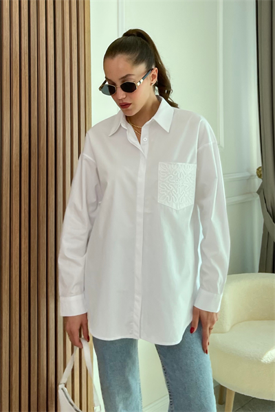 Nakışlı Oversize Gömlek - BEYAZ 