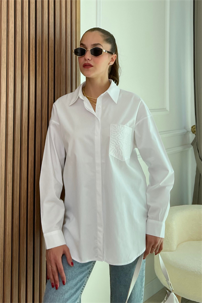Nakışlı Oversize Gömlek - BEYAZ 