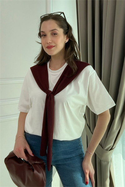 Omuz Detaylı T-Shirt - BORDO