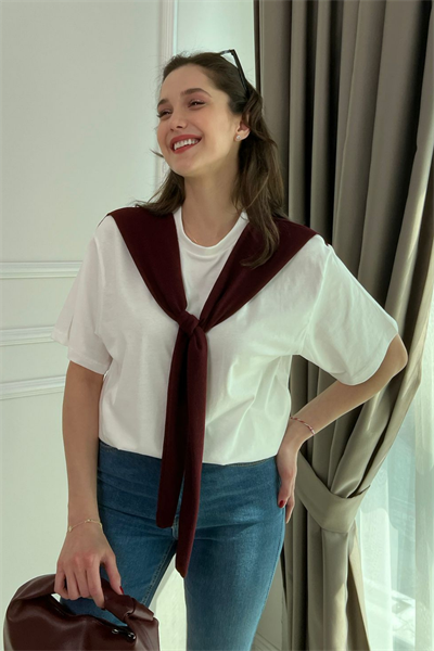 Omuz Detaylı T-Shirt - BORDO
