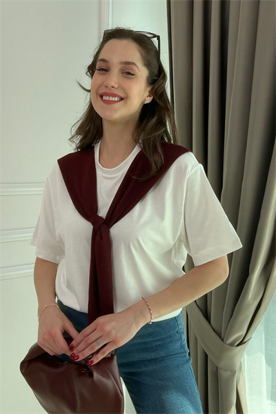 Omuz Detaylı T-Shirt - BORDO