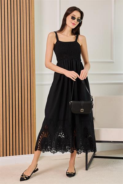 Örgü Askılı Elbise - SİYAH