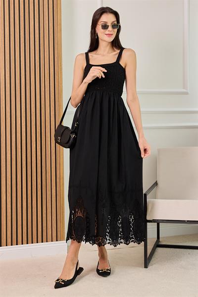 Örgü Askılı Elbise - SİYAH