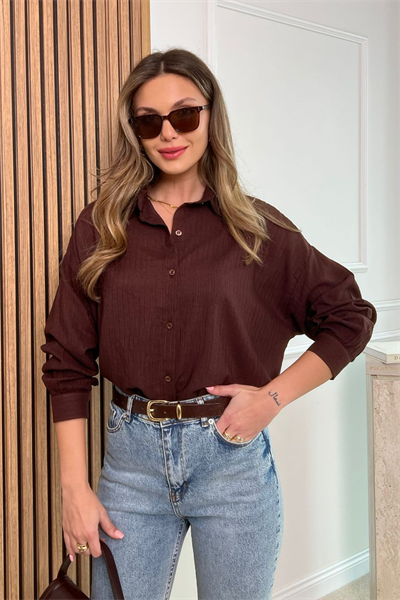 Oversize Çizgili Gömlek - KAHVERENGİ