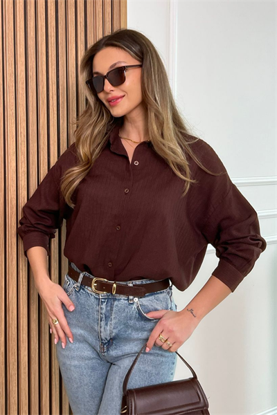 Oversize Çizgili Gömlek - KAHVERENGİ