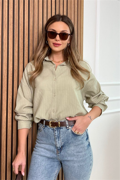 Oversize Çizgili Gömlek - YEŞİL