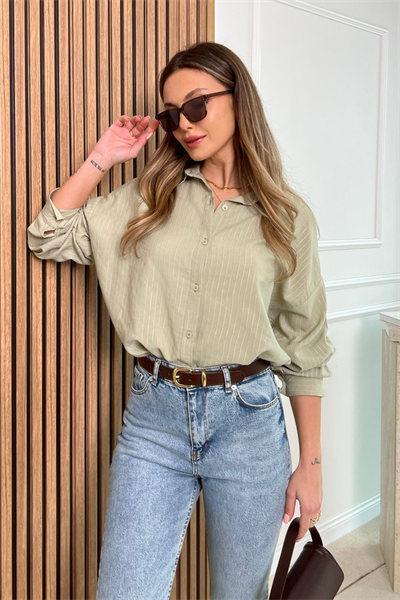 Oversize Çizgili Gömlek - YEŞİL
