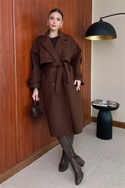 Oversize Kaşe Kaban - KAHVERENGİ
