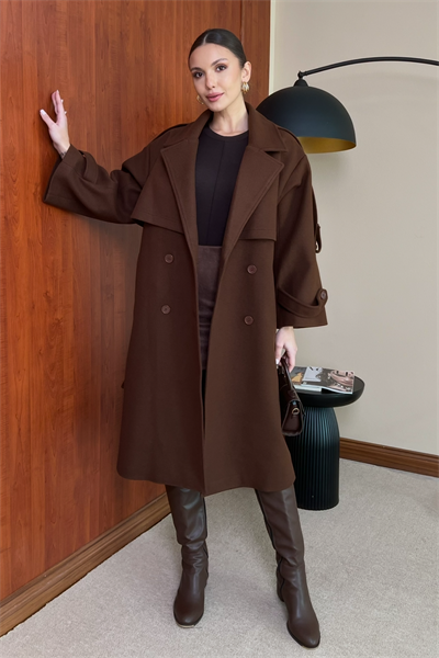 Oversize Kaşe Kaban - KAHVERENGİ