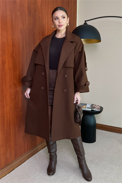 Oversize Kaşe Kaban - KAHVERENGİ