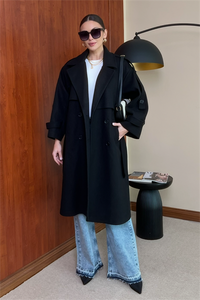 Oversize Kaşe Kaban - SİYAH