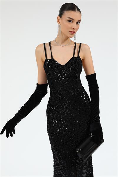 Payetli Balık Abiye - SİYAH