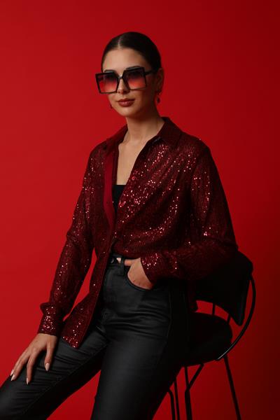 Payetli Gömlek - BORDO