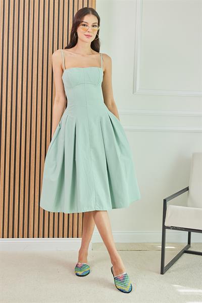 Pileli Keten Elbise - YEŞİL