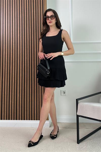 Piliseli Mini Elbise - SİYAH