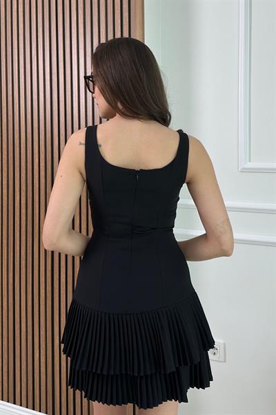 Piliseli Mini Elbise - SİYAH