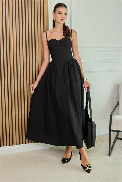 Poplin Askılı Elbise - SİYAH