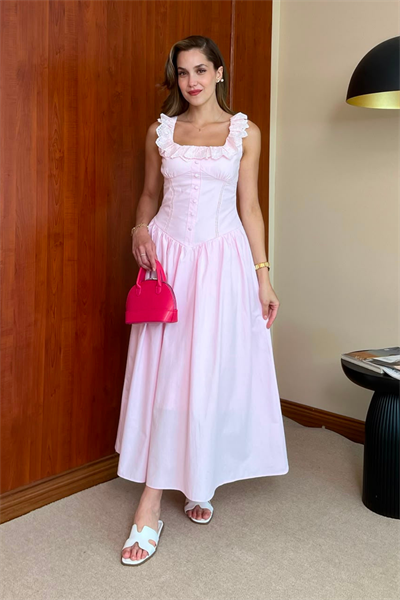 Poplin Kloş Elbise - PEMBE