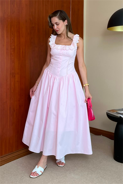Poplin Kloş Elbise - PEMBE