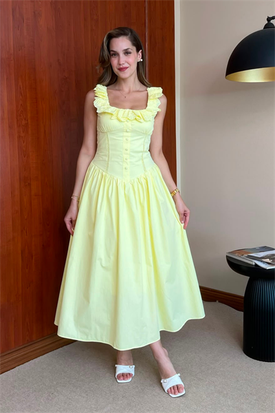 Poplin Kloş Elbise - SARI