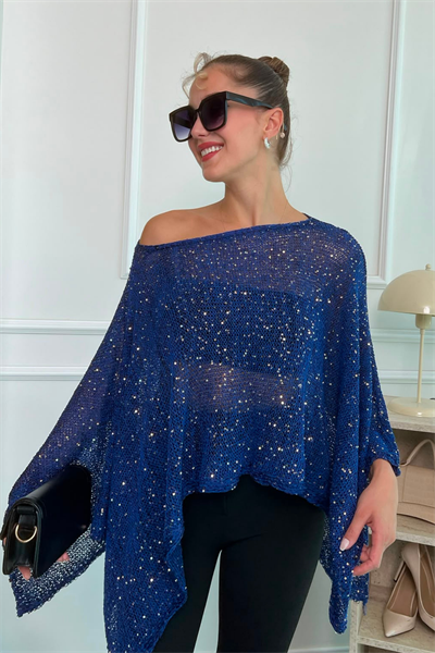 Pullu Pelerin Bluz - LACİVERT