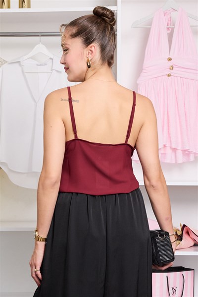 Saten Dantelli Bluz - BORDO