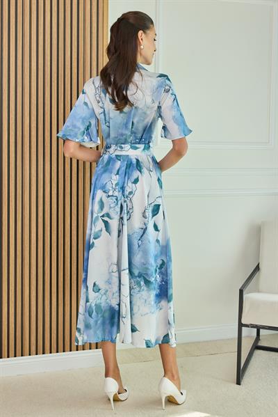 Saten Desenli Elbise - MAVİ