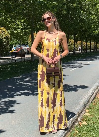 Saten Desenli Elbise - SARI