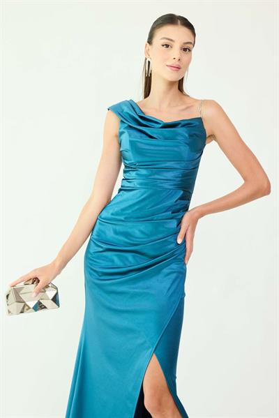 Saten Drapeli Abiye - YEŞİL