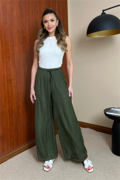 Saten Görünümlü Pantolon - HAKİ