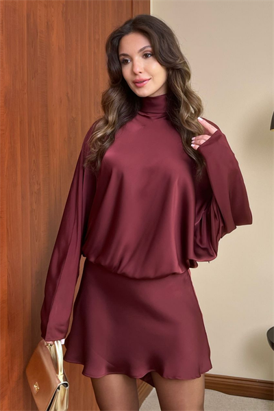 Saten Mini Elbise - BORDO